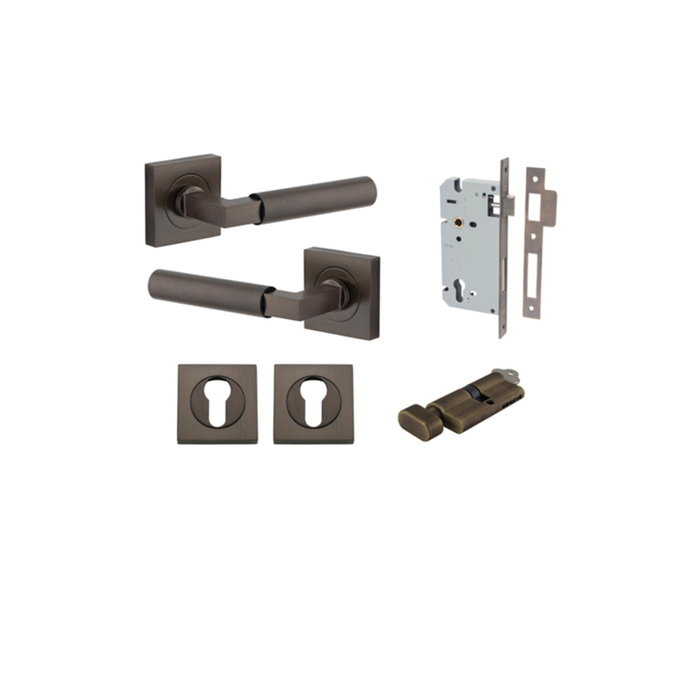 Door Lever Berlin Rose Square Pair Signature Brass L120xP60mm BPH52xW52mm, Mortice Lock Euro Signature Brass CTC85mm Backset 60mm, Euro Cylinder Key Thumb 5 Pin Signature Brass 65mm KA4, Escutcheon Euro Concealed Fix Square Pair H52xW52xP10mm in Signature