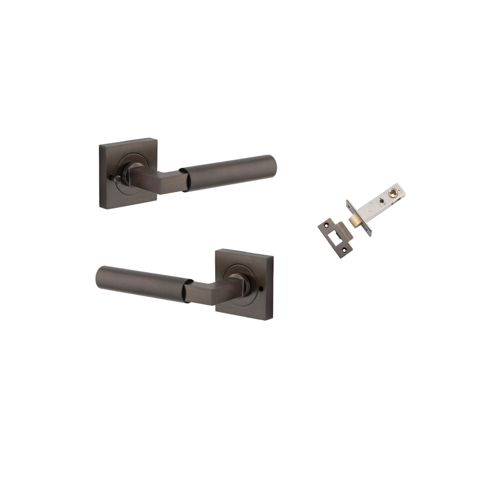 Door Lever Berlin Rose Square Signature Brass L120xP60mm BPH52xW52mm Inbuilt Privacy Kit, Tube Latch Privacy with Faceplate & T striker Backset 60mm in Signature Brass