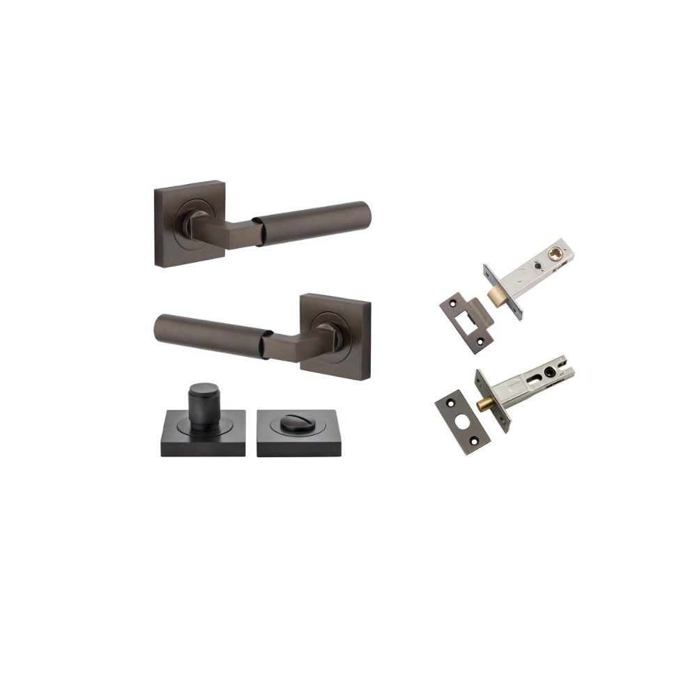 Door Lever Berlin Rose Square Signature Brass L120xP60mm BPH52xW52mm Privacy Kit, Tube Latch Split Cam 'T' Striker Signature Brass Backset 60mm, Privacy Bolt Round Bolt Signature Brass Backset 60mm, Privacy Turn Berlin Concealed Fix Square D52xP35mm in Si