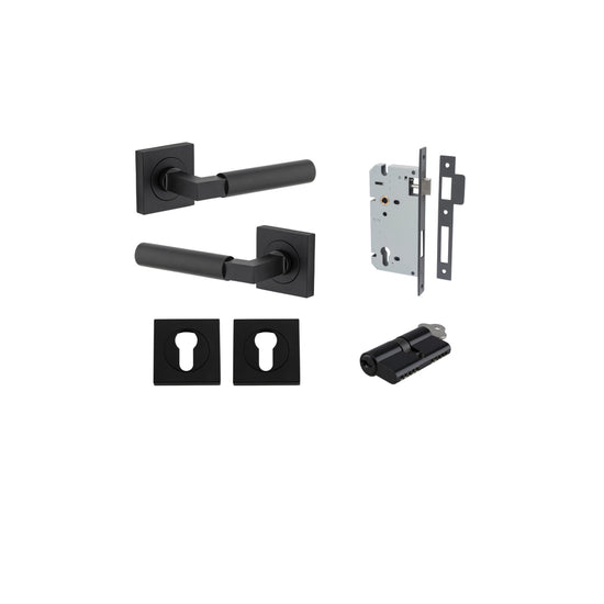 Door Lever Berlin Rose Square Pair Matt Black L120xP60mm BPH52xW52mm, Mortice Lock Euro Matt Black CTC85mm Backset 60mm, Euro Cylinder Dual Function 5 Pin Matt Black 65mm KA4, Escutcheon Euro Concealed Fix Square Pair Matt Black H52xW52xP10mm in Matt Blac