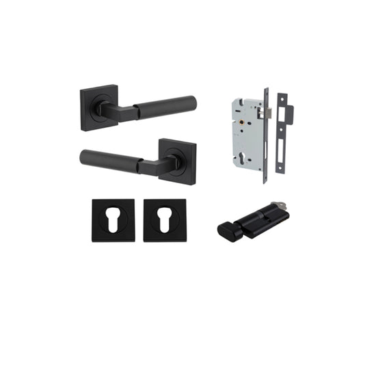 Door Lever Berlin Rose Square Pair Matt Black L120xP60mm BPH52xW52mm, Mortice Lock Euro Matt Black CTC85mm Backset 60mm, Euro Cylinder Key Thumb 5 Pin Matt Black 65mm KA4, Escutcheon Euro Concealed Fix Square Pair Matt Black H52xW52xP10mm in Matt Black