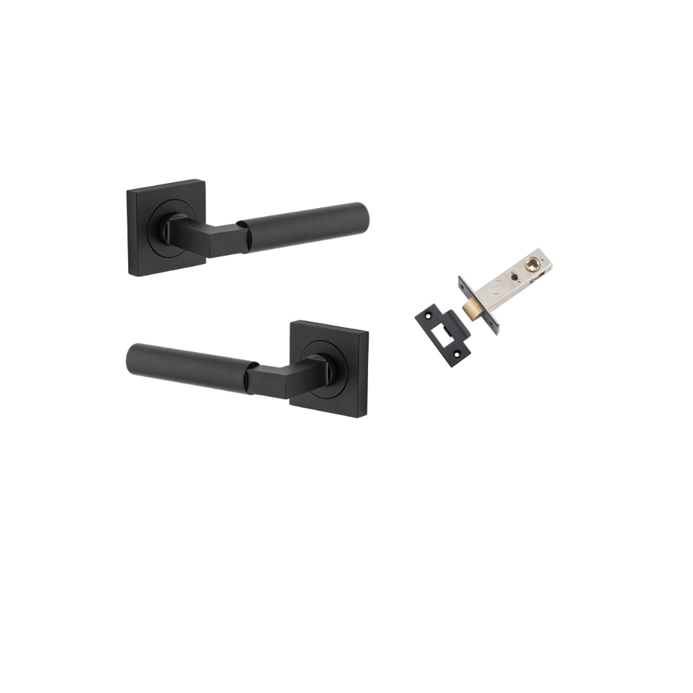 Door Lever Berlin Rose Square Matt Black L120xP60mm BPH52xW52mm Passage Kit, Tube Latch Split Cam 'T' Striker Matt Black Backset 60mm in Matt Black