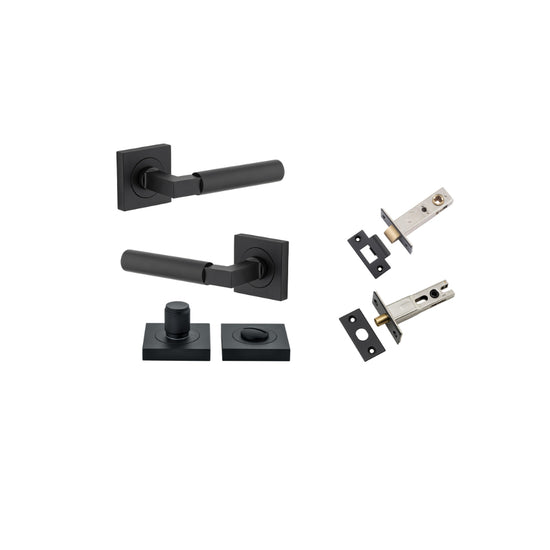 Door Lever Berlin Rose Square Matt Black L120xP60mm BPH52xW52mm Privacy Kit, Tube Latch Split Cam 'T' Striker Matt Black Backset 60mm, Privacy Bolt Round Bolt Matt Black Backset 60mm, Privacy Turn Berlin Concealed Fix Square Matt Black D52xP35mm in Matt B