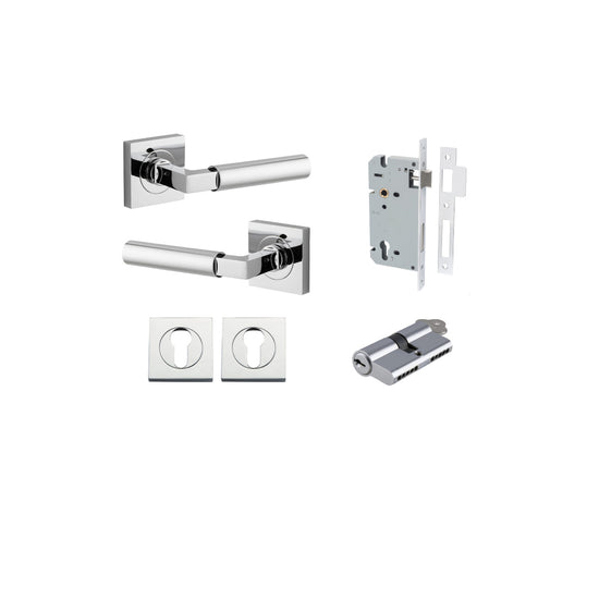 Door Lever Berlin Rose Square Pair Polished Chrome L120xP60mm BPH52xW52mm, Mortice Lock Euro Polished Chrome CTC85mm Backset 60mm, Euro Cylinder Dual Function 5 Pin Polished Chrome 65mm KA4, Escutcheon Euro Concealed Fix Square Pair H52xW52xP10mm in Polis