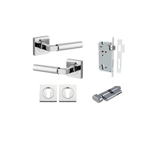 Door Lever Berlin Rose Square Pair Polished Chrome L120xP60mm BPH52xW52mm, Mortice Lock Euro Polished Chrome CTC85mm Backset 60mm, Euro Cylinder Key Thumb 5 Pin Polished Chrome 65mm KA4, Escutcheon Euro Concealed Fix Square Pair H52xW52xP10mm in Polished