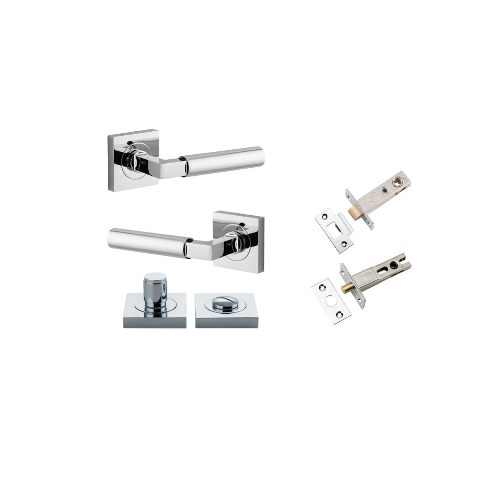 Door Lever Berlin Rose Square Polished Chrome L120xP60mm BPH52xW52mm Privacy Kit, Tube Latch Split Cam 'T' Striker Polished Chrome Backset 60mm, Privacy Bolt Round Bolt Polished Chrome Backset 60mm, Privacy Turn Berlin Concealed Fix Square D52xP35mm in Po