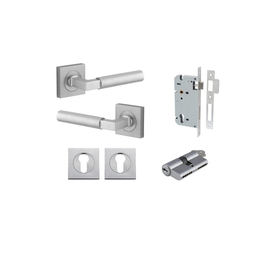 Door Lever Berlin Rose Square Pair Brushed Chrome L120xP60mm BPH52xW52mm, Mortice Lock Euro Brushed Chrome CTC85mm Backset 60mm, Euro Cylinder Dual Function 5 Pin Brushed Chrome 65mm KA4, Escutcheon Euro Concealed Fix Square Pair H52xW52xP10mm in Brushed