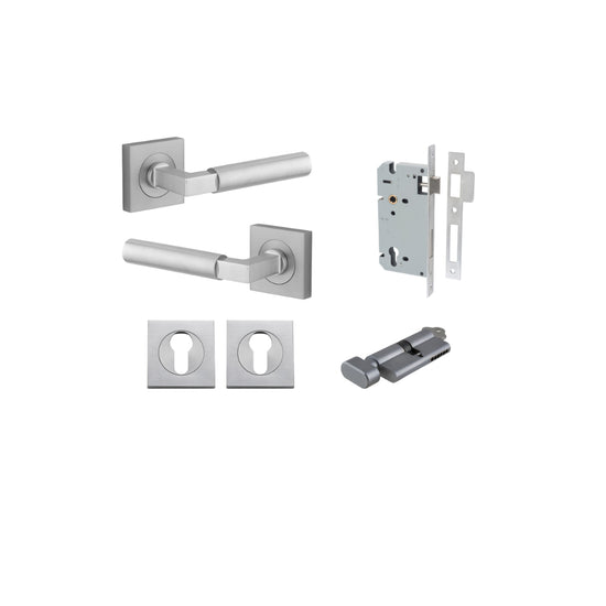 Door Lever Berlin Rose Square Pair Brushed Chrome L120xP60mm BPH52xW52mm, Mortice Lock Euro Brushed Chrome CTC85mm Backset 60mm, Euro Cylinder Key Thumb 5 Pin Brushed Chrome 65mm KA4, Escutcheon Euro Concealed Fix Square Pair H52xW52xP10mm in Brushed Chro