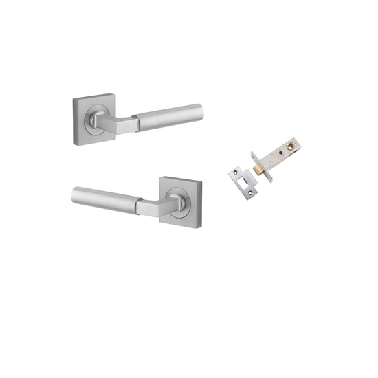 Door Lever Berlin Rose Square Brushed Chrome L120xP60mm BPH52xW52mm Passage Kit, Tube Latch Split Cam 'T' Striker Brushed Chrome Backset 60mm in Brushed Chrome