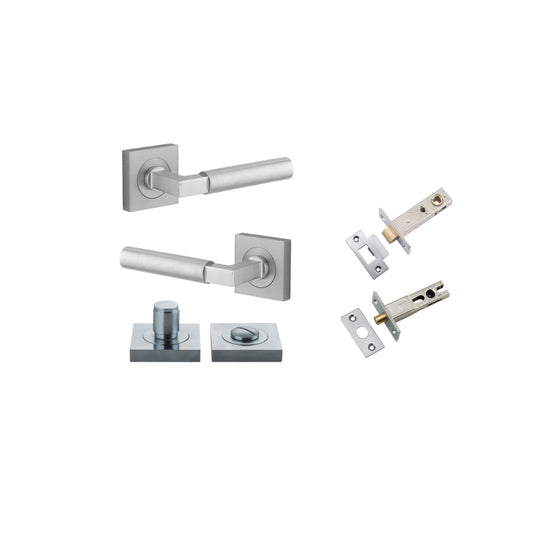 Door Lever Berlin Rose Square Brushed Chrome L120xP60mm BPH52xW52mm Privacy Kit, Tube Latch Split Cam 'T' Striker Brushed Chrome Backset 60mm, Privacy Bolt Round Bolt Brushed Chrome Backset 60mm, Privacy Turn Berlin Concealed Fix Square D52xP35mm in Brush