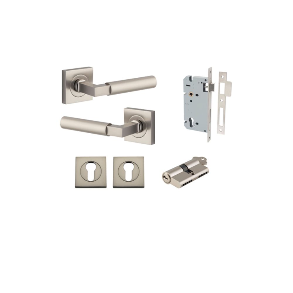 Door Lever Berlin Rose Square Pair Satin Nickel L120xP60mm BPH52xW52mm, Mortice Lock Euro Satin Nickel CTC85mm Backset 60mm, Euro Cylinder Dual Function 5 Pin Satin Nickel 65mm KA4, Escutcheon Euro Concealed Fix Square Pair Satin Nickel H52xW52xP10mm in S