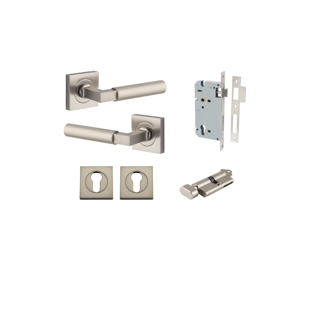 Door Lever Berlin Rose Square Pair Satin Nickel L120xP60mm BPH52xW52mm, Mortice Lock Euro Satin Nickel CTC85mm Backset 60mm, Euro Cylinder Key Thumb 5 Pin Satin Nickel 65mm KA4, Escutcheon Euro Concealed Fix Square Pair Satin Nickel H52xW52xP10mm in Satin