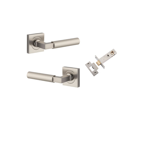 Door Lever Berlin Rose Square Satin Nickel L120xP60mm BPH52xW52mm Passage Kit, Tube Latch Split Cam 'T' Striker Satin Nickel Backset 60mm in Satin Nickel