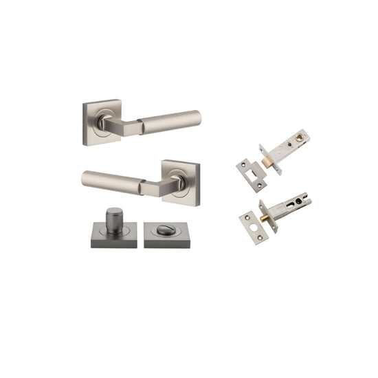 Door Lever Berlin Rose Square Satin Nickel L120xP60mm BPH52xW52mm Privacy Kit, Tube Latch Split Cam 'T' Striker Satin Nickel Backset 60mm, Privacy Bolt Round Bolt Satin Nickel Backset 60mm, Privacy Turn Berlin Concealed Fix Square D52xP35mm in Satin Nicke