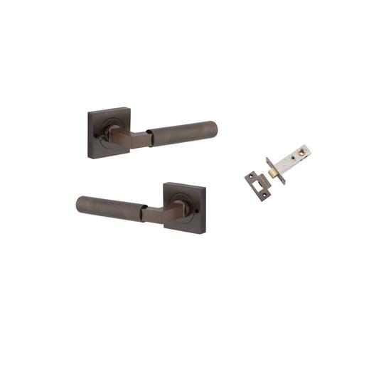 Door Lever Brunswick Rose Square Signature Brass L120xP60mm BPH52xW52mm Inbuilt Privacy Kit Tube Latch Privacy with Faceplate & T striker Backset 60mm in Signature Brass