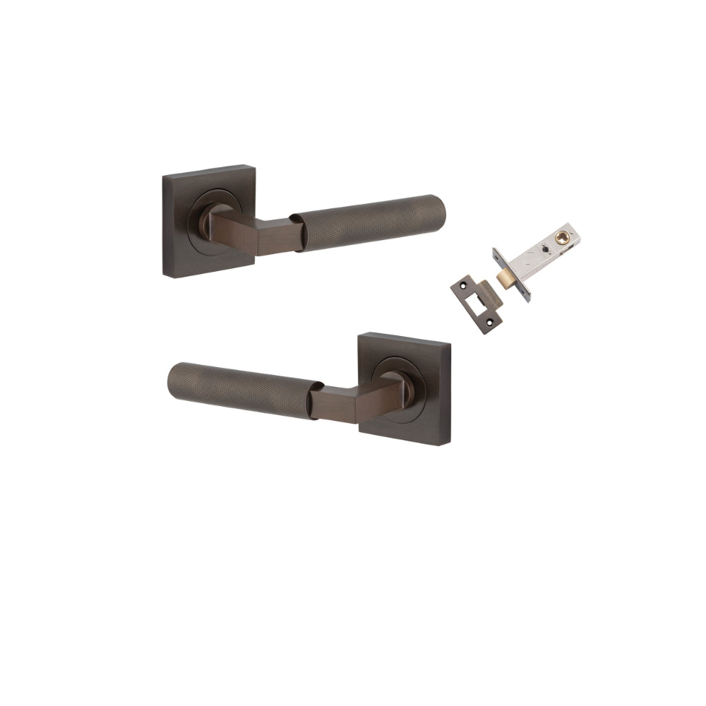 Door Lever Brunswick Knurled Rose Square Signature Brass L120xP60mm BPH52xW52mm Passage Kit, Tube Latch Split Cam 'T' Striker Signature Brass Backset 60mm in Signature Brass