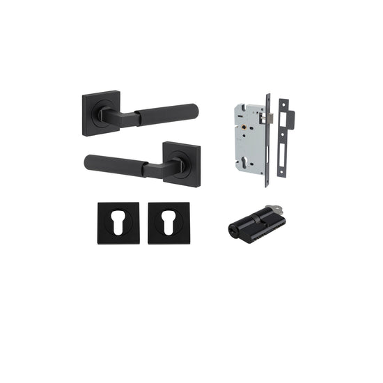 Door Lever Brunswick Rose Square Pair Matt Black L120xP60mm BPH52xW52mm Mortice Lock Euro Matt Black CTC85mm Backset 60mm Euro Cylinder Dual Function 5 Pin Matt Black 65mm KA4 Escutcheon Euro Concealed Fix Square Pair Matt Black H52xW52xP10mm in Matt Blac