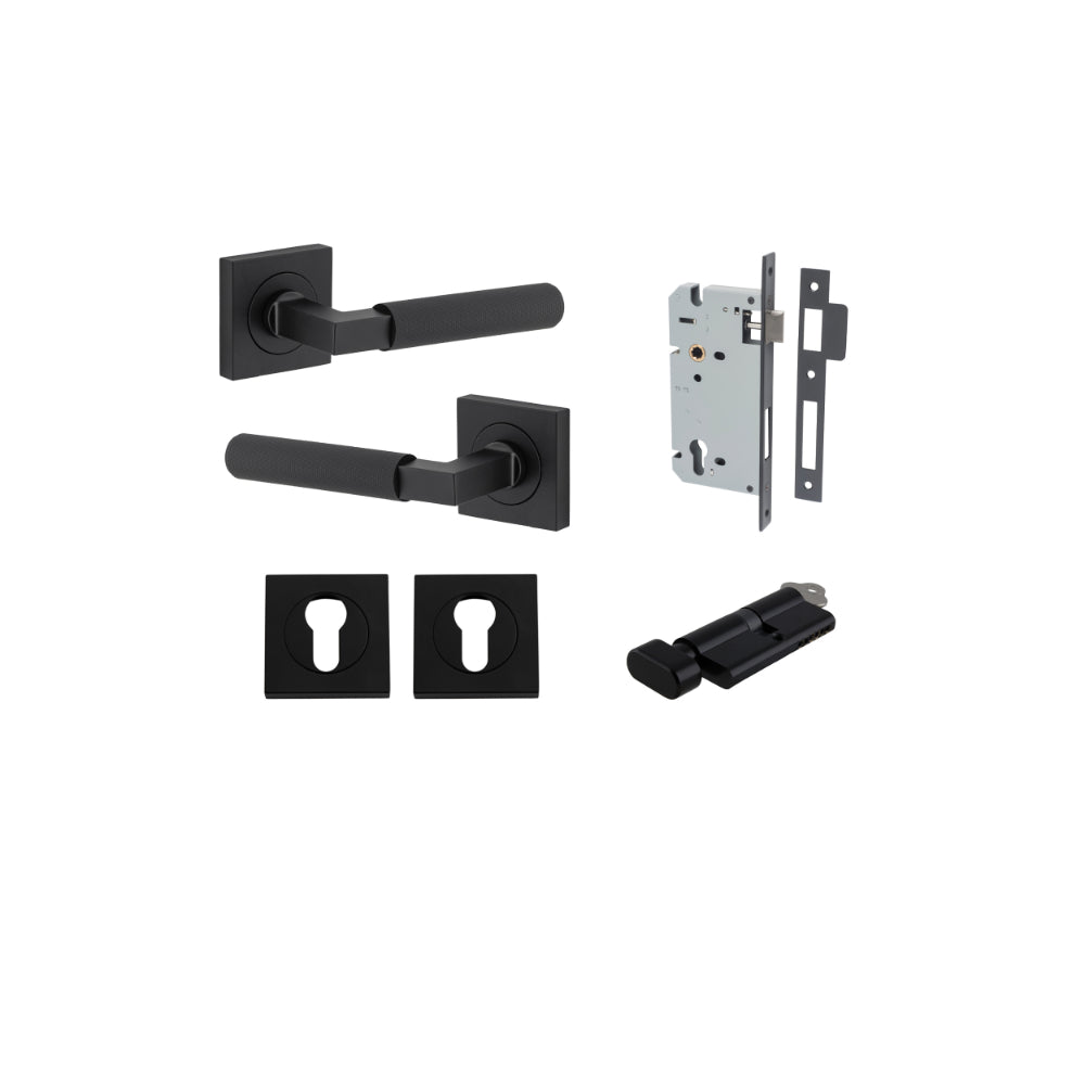 Door Lever Brunswick Rose Square Pair Matt Black L120xP60mm BPH52xW52mm Mortice Lock Euro Matt Black CTC85mm Backset 60mm Euro Cylinder Key Thumb 5 Pin Matt Black 65mm KA4 Escutcheon Euro Concealed Fix Square Pair Matt Black H52xW52xP10mm in Matt Black