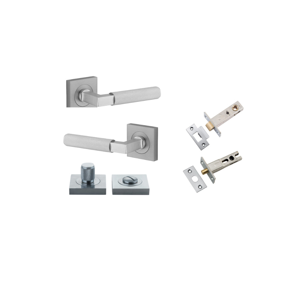 Door Lever Brunswick Knurled Rose Square Brushed Chrome L120xP60mm BPH52xW52mm Privacy Kit, Tube Latch Split Cam 'T' Striker Backset 60mm, Privacy Bolt Round Bolt Backset 60mm, Privacy Turn Brunswick Concealed Fix Square Knurled H52xW52xP10mm in Brushed C