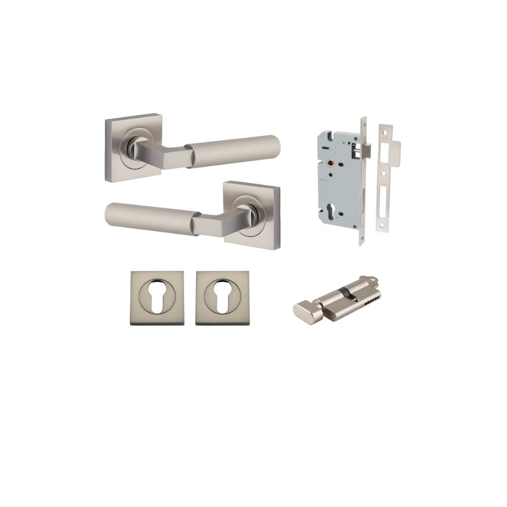 Door Lever Brunswick Rose Square Pair Satin Nickel L120xP60mm BPH52xW52mm Mortice Lock Euro Satin Nickel CTC85mm Backset 60mm Euro Cylinder Key Thumb 5 Pin Satin Nickel 65mm KA4 Escutcheon Euro Concealed Fix Square Pair Satin Nickel H52xW52xP10mm in Satin