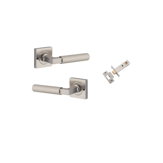 Door Lever Brunswick Rose Square Satin Nickel L120xP60mm BPH52xW52mm Inbuilt Privacy Kit Tube Latch Privacy with Faceplate & T striker Backset 60mm in Satin Nickel