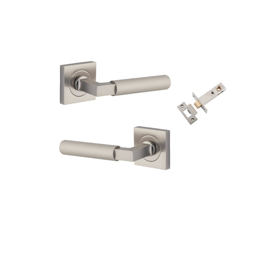 Door Lever Brunswick Knurled Rose Square Satin Nickel L120xP60mm BPH52xW52mm Passage Kit, Tube Latch Split Cam 'T' Striker Satin Nickel Backset 60mm in Satin Nickel