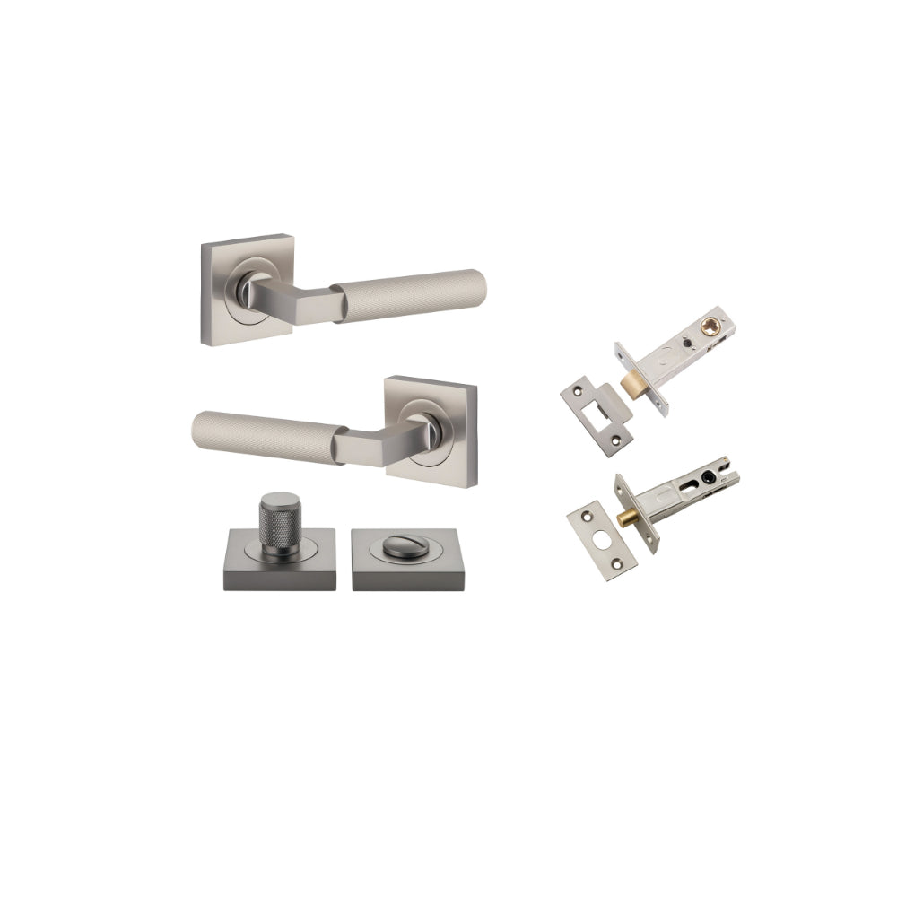 Door Lever Brunswick Knurled Rose Square Satin Nickel L120xP60mm BPH52xW52mm Privacy Kit, Tube Latch Split Cam 'T' Striker Backset 60mm, Privacy Bolt Round Bolt Backset 60mm, Privacy Turn Brunswick Concealed Fix Square Knurled H52xW52xP10mm in Satin Nicke