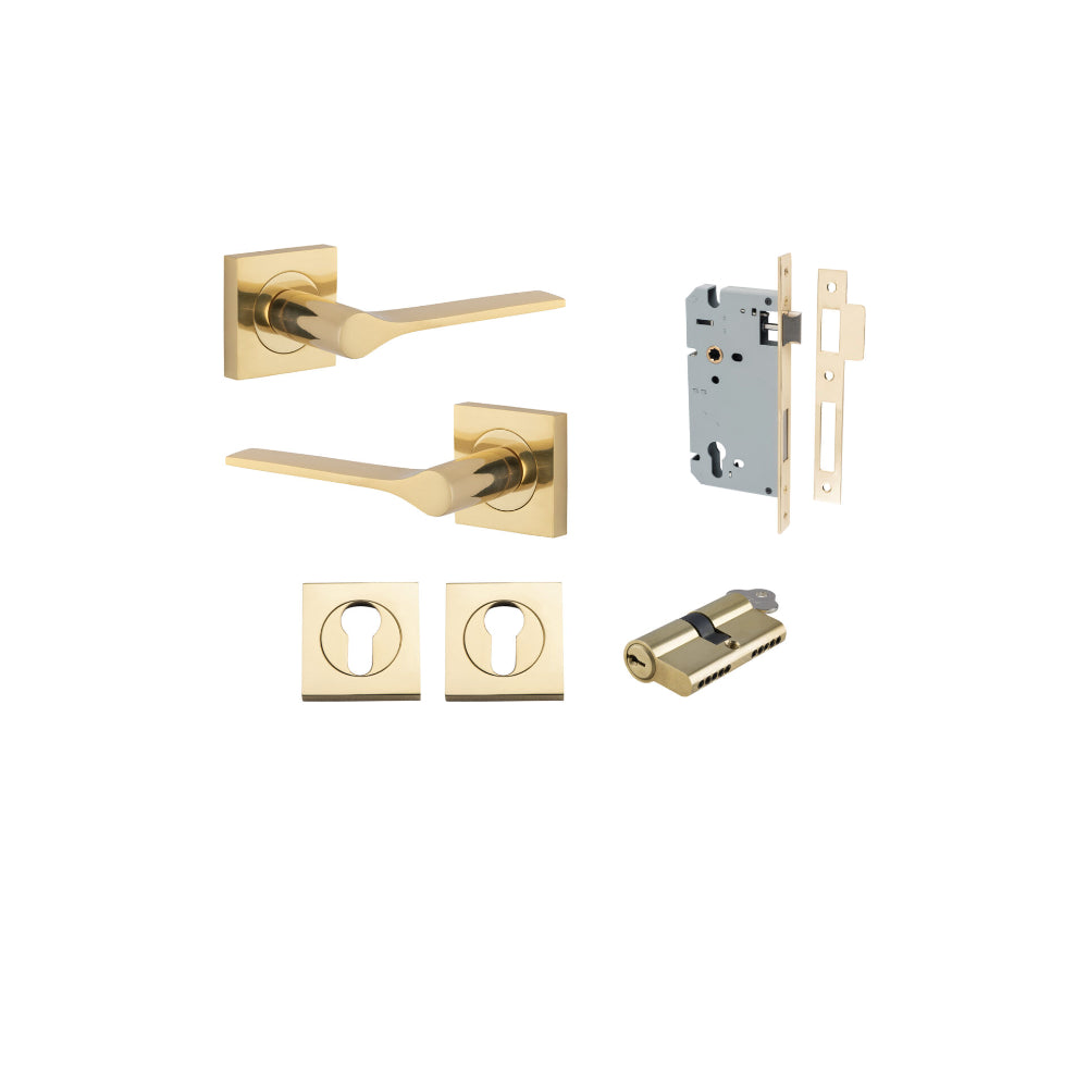 Door Lever Como Rose Square Pair Polished Brass L119xP62mm BPH52xW52mm, Mortice Lock Euro Polished Brass CTC85mm Backset 60mm, Euro Cylinder Dual Function 5 Pin Polished Brass 65mm KA4, Escutcheon Euro Concealed Fix Square Pair H52xW52xP10mm in Polished B