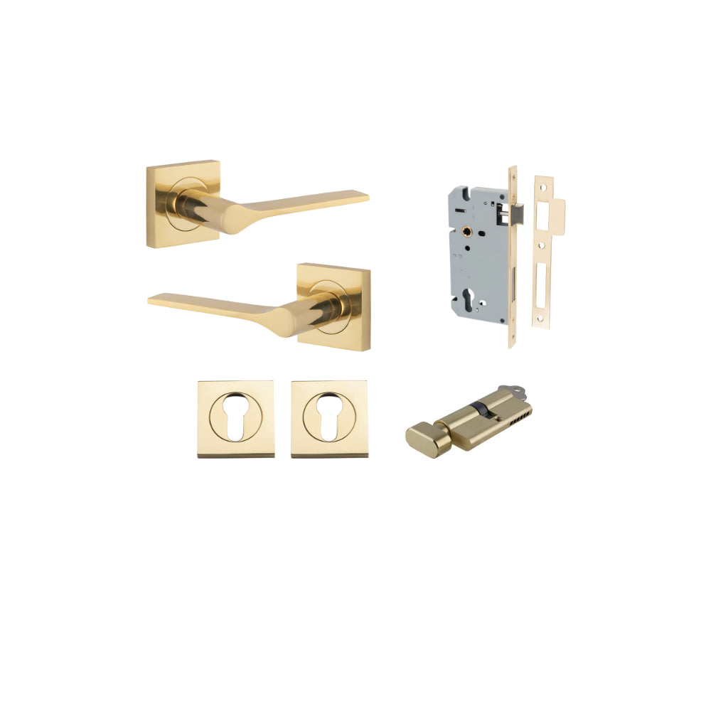 Door Lever Como Rose Square Pair Polished Brass L119xP62mm BPH52xW52mm, Mortice Lock Euro Polished Brass CTC85mm Backset 60mm, Euro Cylinder Key Thumb 5 Pin Polished Brass 65mm KA4, Escutcheon Euro Concealed Fix Square Pair H52xW52xP10mm in Polished Brass