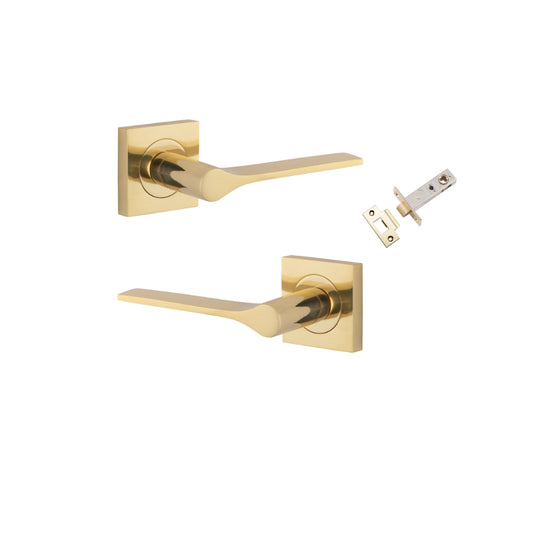 Door Lever Como Rose Square Polished Brass L119xP62mm BPH52xW52mm Passage Kit, Tube Latch Split Cam 'T' Striker Polished Brass Backset 60mm in Polished Brass