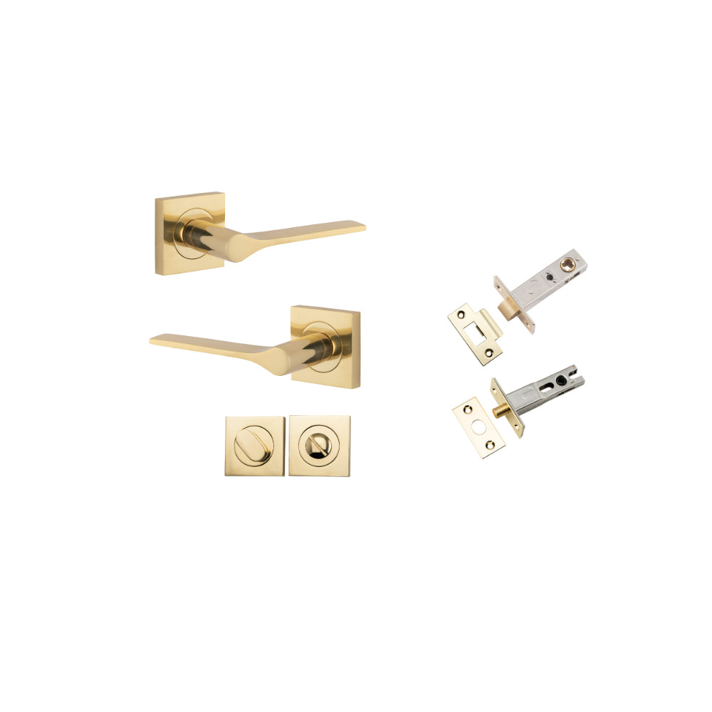 Door Lever Como Rose Square Polished Brass L119xP62mm BPH52xW52mm Privacy Kit, Tube Latch Split Cam 'T' Striker Polished Brass Backset 60mm, Privacy Bolt Round Bolt Polished Brass Backset 60mm, Privacy Turn Oval Concealed Fix Square H52xW52xP23mm in Polis