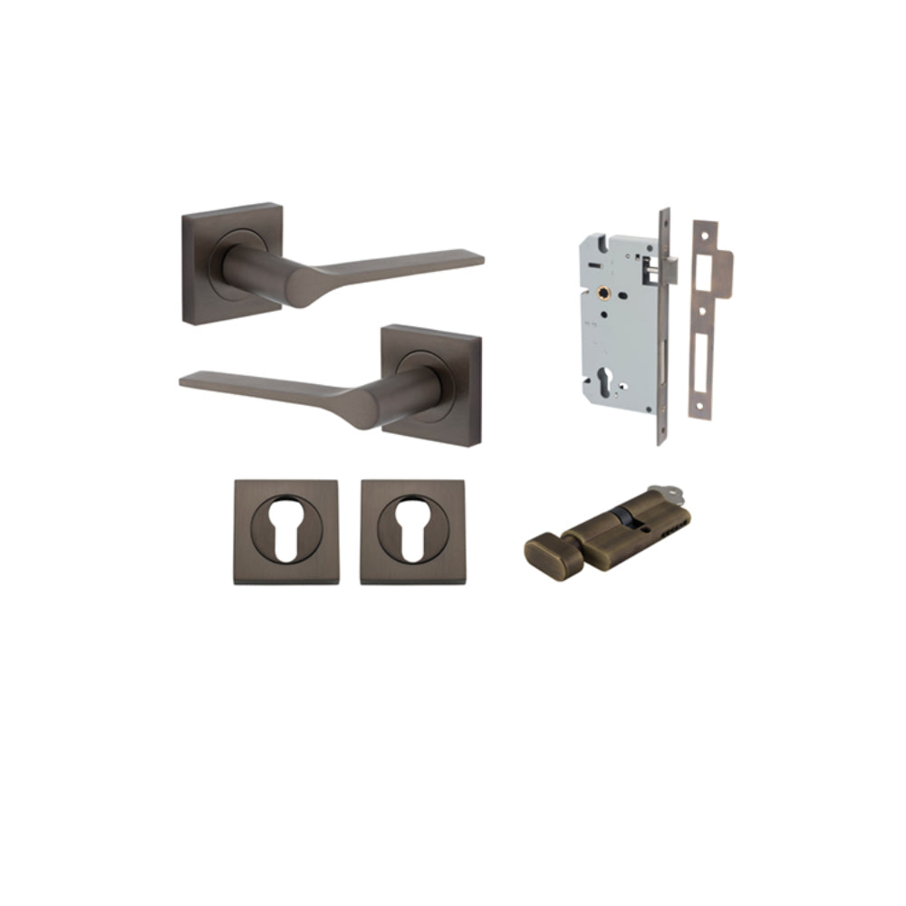 Door Lever Como Rose Square Pair Signature Brass L119xP62mm BPH52xW52mm, Mortice Lock Euro Signature Brass CTC85mm Backset 60mm, Euro Cylinder Key Thumb 5 Pin Signature Brass 65mm KA4, Escutcheon Euro Concealed Fix Square Pair H52xW52xP10mm in Signature B