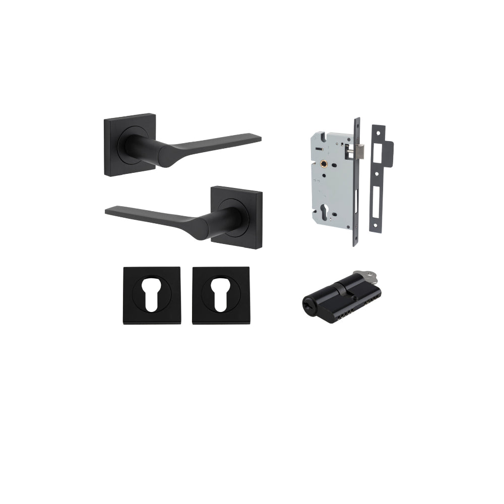 Door Lever Como Rose Square Pair Matt Black L119xP62mm BPH52xW52mm, Mortice Lock Euro Matt Black CTC85mm Backset 60mm, Euro Cylinder Dual Function 5 Pin Matt Black 65mm KA4, Escutcheon Euro Concealed Fix Square Pair Matt Black H52xW52xP10mm in Matt Black