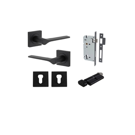 Door Lever Como Rose Square Pair Matt Black L119xP62mm BPH52xW52mm, Mortice Lock Euro Matt Black CTC85mm Backset 60mm, Euro Cylinder Key Thumb 5 Pin Matt Black 65mm KA4, Escutcheon Euro Concealed Fix Square Pair Matt Black H52xW52xP10mm in Matt Black