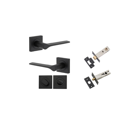 Door Lever Como Rose Square Matt Black L119xP62mm BPH52xW52mm Privacy Kit, Tube Latch Split Cam 'T' Striker Matt Black Backset 60mm, Privacy Bolt Round Bolt Matt Black Backset 60mm, Privacy Turn Oval Concealed Fix Square Matt Black H52xW52xP23mm in Matt B