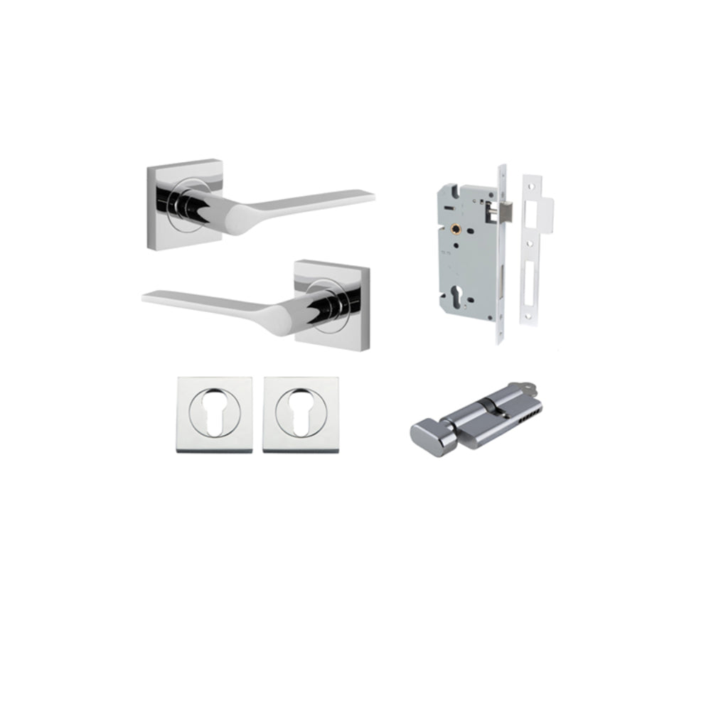 Door Lever Como Rose Square Pair Polished Chrome L119xP62mm BPH52xW52mm, Mortice Lock Euro Polished Chrome CTC85mm Backset 60mm, Euro Cylinder Key Thumb 5 Pin Polished Chrome 65mm KA4, Escutcheon Euro Concealed Fix Square Pair H52xW52xP10mm in Polished Ch