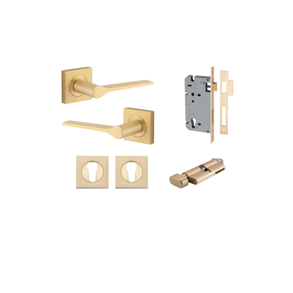 Door Lever Como Rose Square Pair Brushed Chrome L119xP62mm BPH52xW52mm, Mortice Lock Euro Brushed Chrome CTC85mm Backset 60mm, Euro Cylinder Key Thumb 5 Pin Brushed Chrome 65mm KA4, Escutcheon Euro Concealed Fix Square Pair H52xW52xP10mm in Brushed Chrome