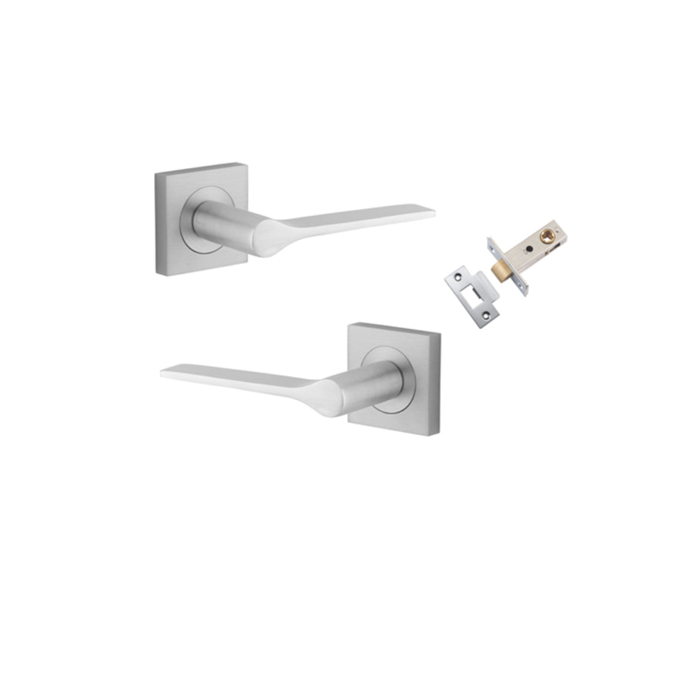 Door Lever Como Rose Square Brushed Chrome L119xP62mm BPH52xW52mm Passage Kit, Tube Latch Split Cam 'T' Striker Brushed Chrome Backset 60mm in Brushed Chrome