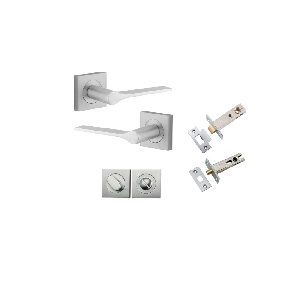 Door Lever Como Rose Square Brushed Chrome L119xP62mm BPH52xW52mm Privacy Kit, Tube Latch Split Cam 'T' Striker Brushed Chrome Backset 60mm, Privacy Bolt Round Bolt Brushed Chrome Backset 60mm, Privacy Turn Oval Concealed Fix Square H52xW52xP23mm in Brush