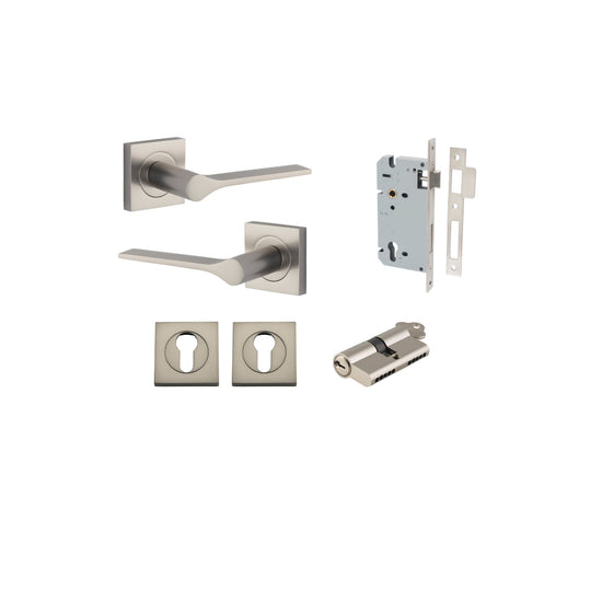 Door Lever Como Rose Square Pair Satin Nickel L119xP62mm BPH52xW52mm, Mortice Lock Euro Satin Nickel CTC85mm Backset 60mm, Euro Cylinder Dual Function 5 Pin Satin Nickel 65mm KA4, Escutcheon Euro Concealed Fix Square Pair Satin Nickel H52xW52xP10mm in Sat