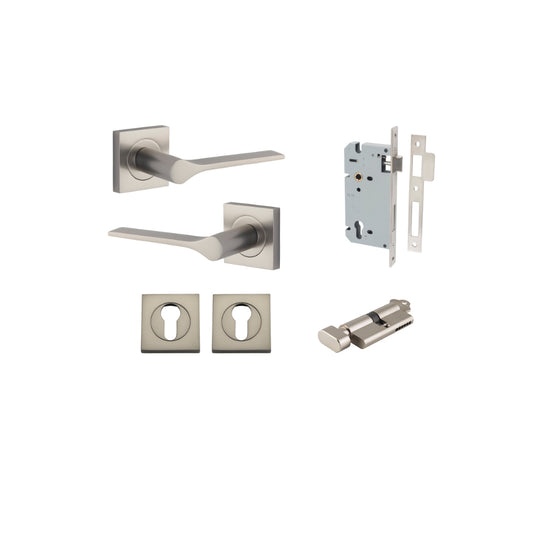 Door Lever Como Rose Square Pair Satin Nickel L119xP62mm BPH52xW52mm, Mortice Lock Euro Satin Nickel CTC85mm Backset 60mm, Euro Cylinder Key Thumb 5 Pin Satin Nickel 65mm KA4, Escutcheon Euro Concealed Fix Square Pair Satin Nickel H52xW52xP10mm in Satin N