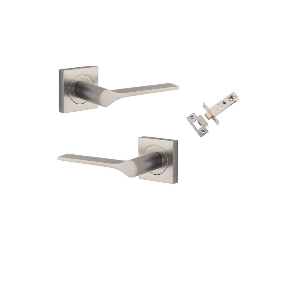 Door Lever Como Rose Square Satin Nickel L119xP62mm BPH52xW52mm Passage Kit, Tube Latch Split Cam 'T' Striker Satin Nickel Backset 60mm in Satin Nickel