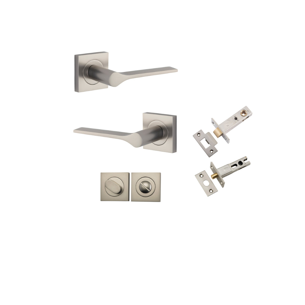 Door Lever Como Rose Square Satin Nickel L119xP62mm BPH52xW52mm Privacy Kit, Tube Latch Split Cam 'T' Striker Satin Nickel Backset 60mm, Privacy Bolt Round Bolt Satin Nickel Backset 60mm, Privacy Turn Oval Concealed Fix Square H52xW52xP23mm in Satin Nicke