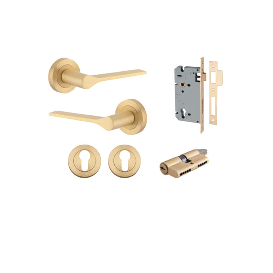 Door Lever Como Rose Round Pair Brushed Brass L119xP62mm BPD52mm, Mortice Lock Euro Brushed Brass CTC85mm Backset 60mm, Euro Cylinder Dual Function 5 Pin Brushed Brass 65mm KA4, Escutcheon Euro Concealed Fix Round Pair Brushed Brass D52xP10mm in Brushed B