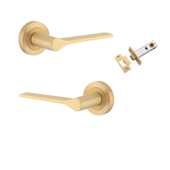 Door Lever Como Rose Round Brushed Brass L119xP62mm BPD52mm Passage Kit, Tube Latch Split Cam 'T' Striker Brushed Brass Backset 60mm in Brushed Brass