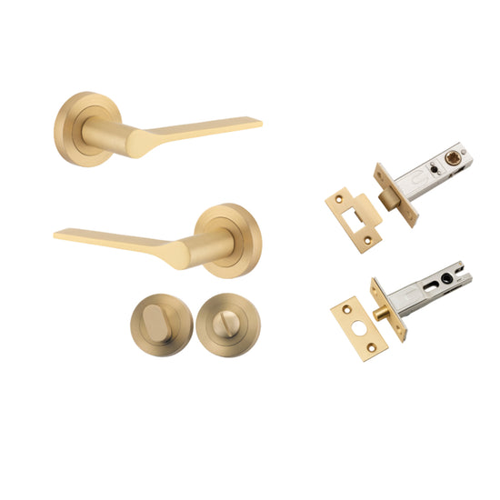 Door Lever Como Rose Round Brushed Brass L119xP62mm BPD52mm Privacy Kit, Tube Latch Split Cam 'T' Striker Brushed Brass Backset 60mm, Privacy Bolt Round Bolt Brushed Brass Backset 60mm, Privacy Turn Oval Concealed Fix Round Brushed Brass D52xP23mm in Brus