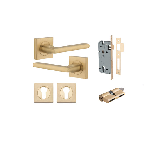 Door Lever Baltimore Square Rose Pair Brushed Brass H52xW52xP58mm Entrance Kit, Mortice Lock Euro Brushed Brass CTC85mm Backset 60mm, Euro Cylinder Dual Function 5 Pin Brushed Brass L65mm KA1, Escutcheon Euro Concealed Fix Square Pair Brushed Bras… in Bru