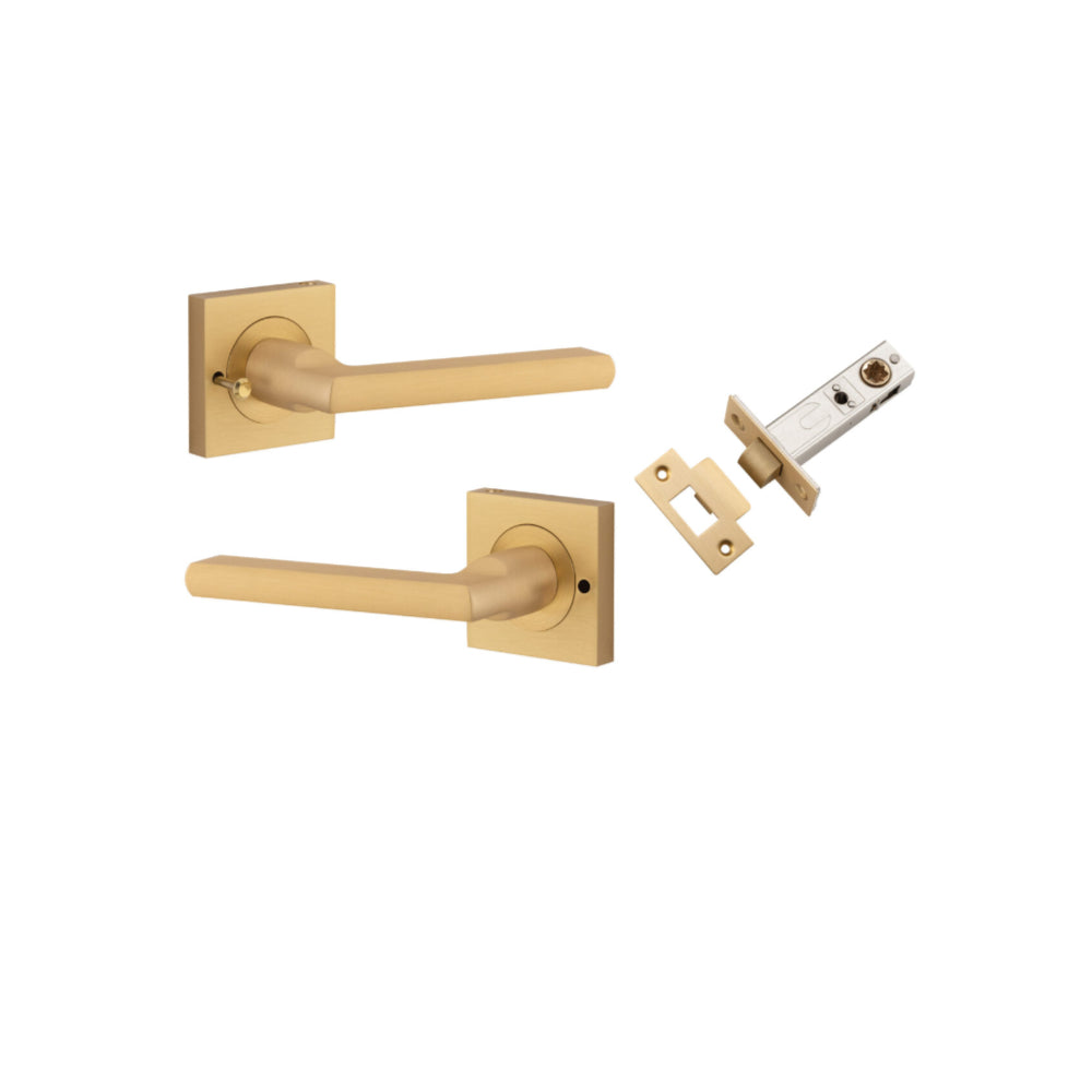 Door Lever Baltimore Square Rose Inbuilt Privacy Pair Brushed Brass H52xW52xP58mm with Tube Latch Privacy with Faceplate & T Striker Backset 60mm in Brushed Brass