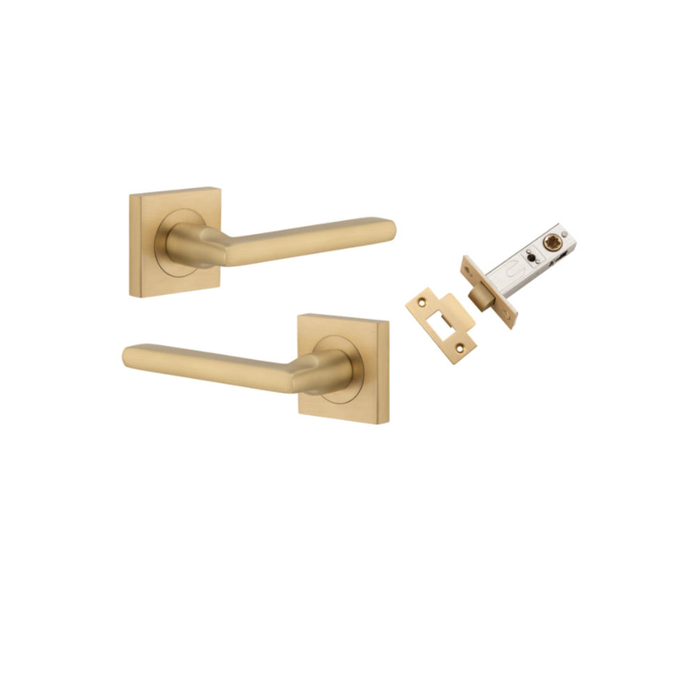 Door Lever Baltimore Square Rose Pair Brushed Brass H52xW52xP58mm Passage Kit, Tube Latch Split Cam 'T' Striker Brushed Brass Backset 60mm in Brushed Brass