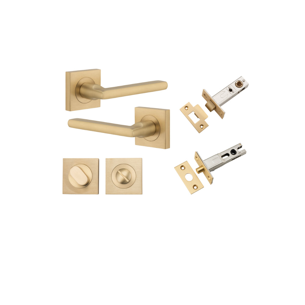 Door Lever Baltimore Square Rose Pair Brushed Brass H52xW52xP58mm Privacy Kit, Tube Latch Split Cam 'T' Striker Brushed Brass Backset 60mm, Privacy Bolt Round Bolt Brushed Brass Backset 60mm, Privacy Turn Oval Concealed Fix Square Brushed Brass H5… in Bru